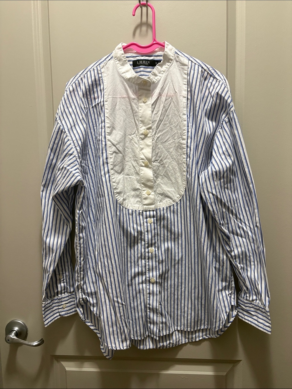 Lauren Ralph Lauren White Bib Front Blue Stripe Band-Collar Shirt